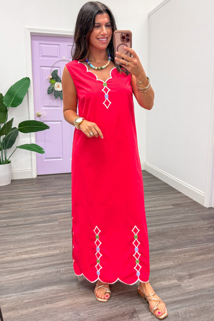 coral with white scalloped trim details sleeveless v neckline maxi dress