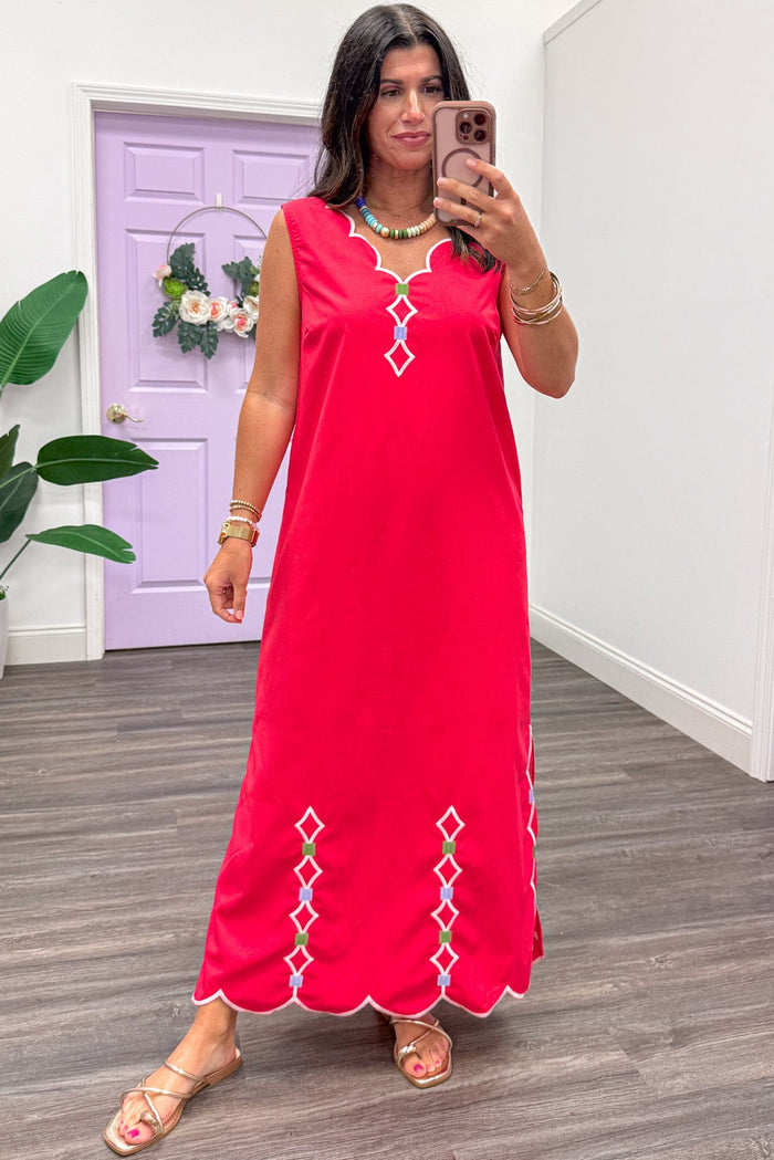 coral green and blue with white scalloped trim details sleeveless v neckline maxi dress