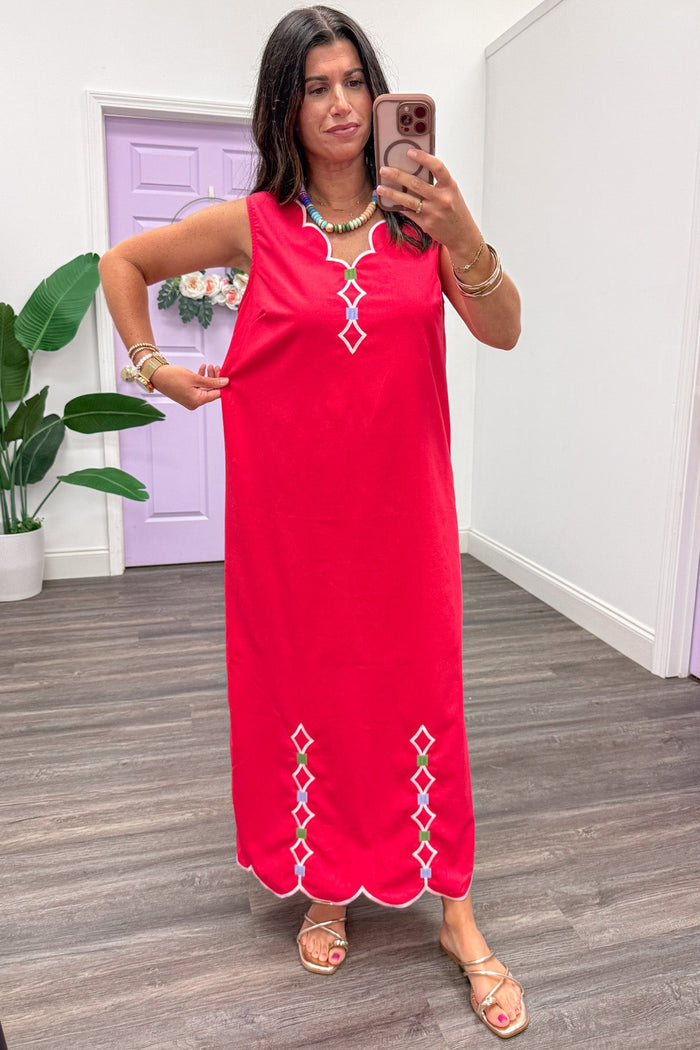 coral with white scalloped trim details sleeveless v neckline relaxed fit maxi dress