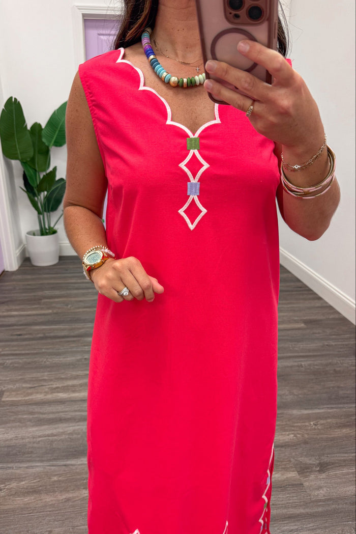 bright coral with white scalloped trim details sleeveless v neckline maxi dress