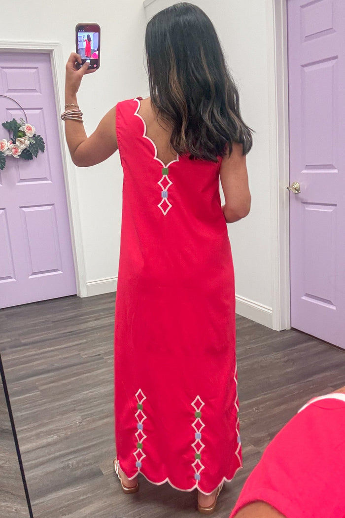 coral with white embroidered scallop details sleeveless v neckline maxi dress
