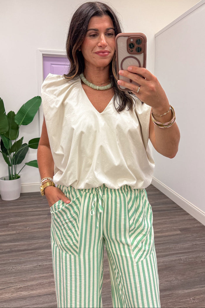 solid khaki flutter sleeve bubble hem v neckline poplin top
