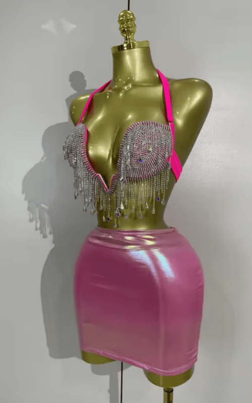 Kate Luxury Shiny Diamond Chain Two Piece Top and Mini Dress Set