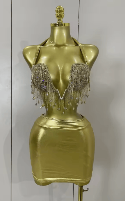 Kate Luxury Shiny Diamond Chain Two Piece Top and Mini Dress Set
