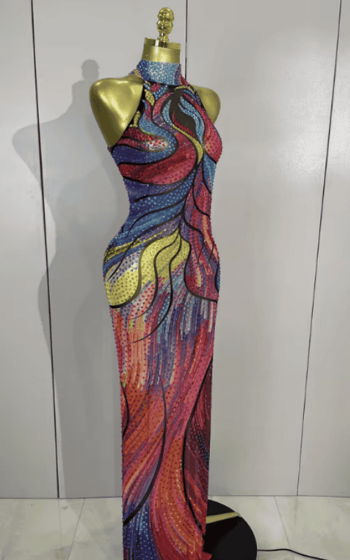 Kate Sparkly Rhinestone Floral Print High Split Mesh Maxi Dress