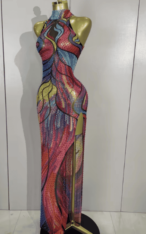 Kate Sparkly Rhinestone Floral Print High Split Mesh Maxi Dress