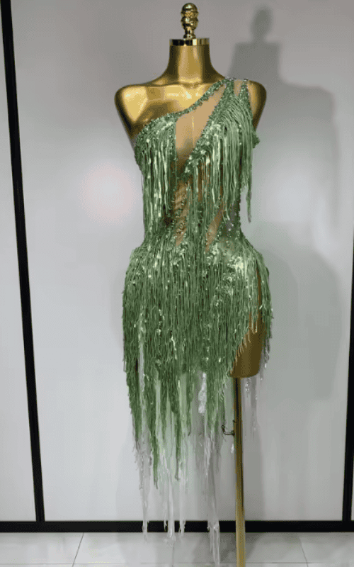 Katie Sparkly Green Rhinestone Tassel One Shoulder Sheer Dress