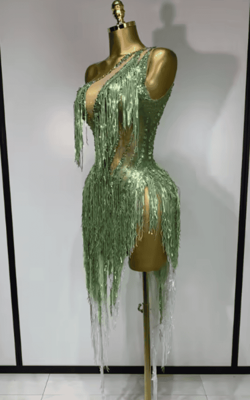 Katie Sparkly Green Rhinestone Tassel One Shoulder Sheer Dress