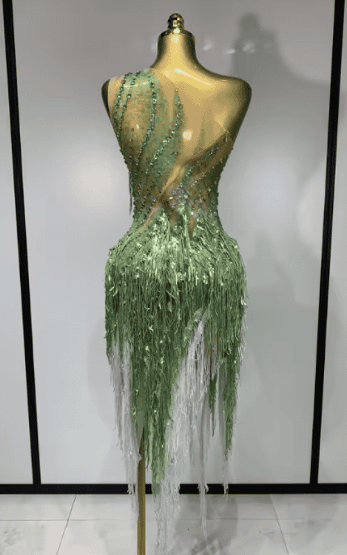 Katie Sparkly Green Rhinestone Tassel One Shoulder Sheer Dress
