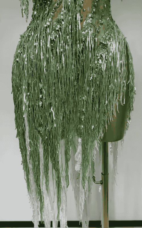 Katie Sparkly Green Rhinestone Tassel One Shoulder Sheer Dress
