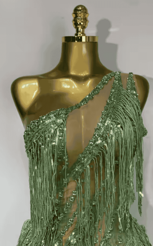 Katie Sparkly Green Rhinestone Tassel One Shoulder Sheer Dress