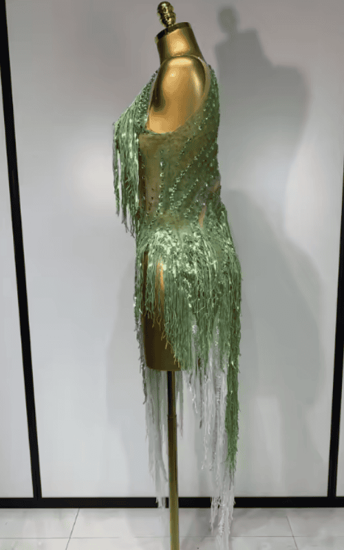 Katie Sparkly Green Rhinestone Tassel One Shoulder Sheer Dress
