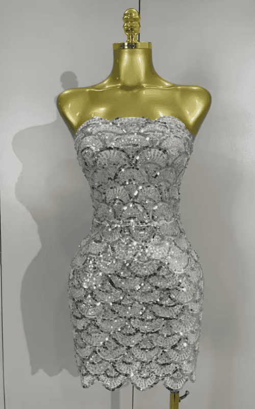 Kaycee Sparkly Silver Sequin Strapless Sheer Mesh Bodycon Mini Dress