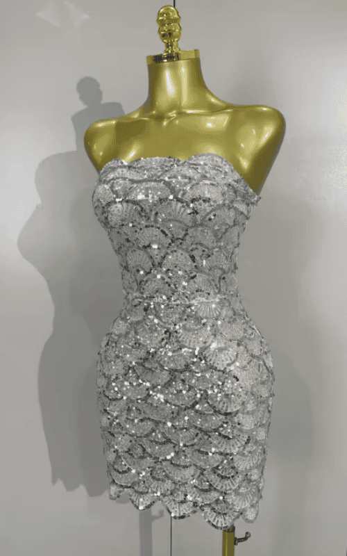 Kaycee Sparkly Silver Sequin Strapless Sheer Mesh Bodycon Mini Dress