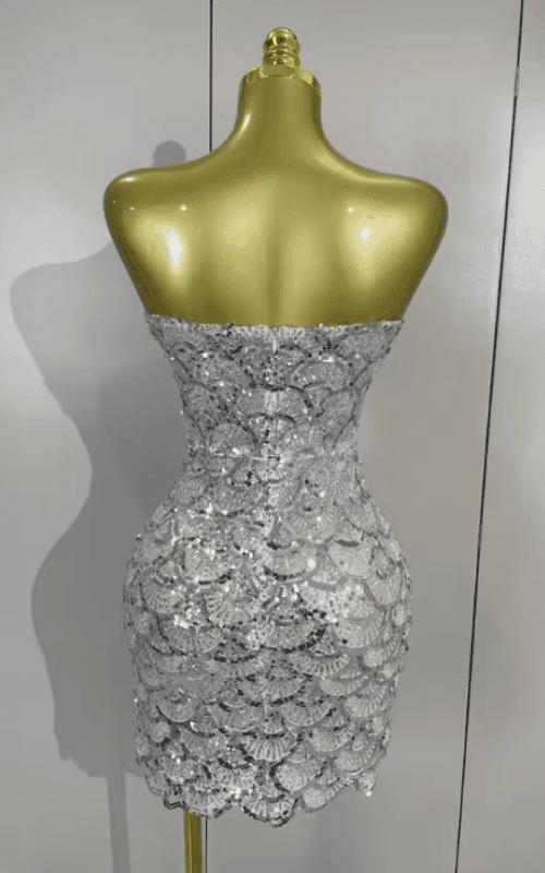 Kaycee Sparkly Silver Sequin Strapless Sheer Mesh Bodycon Mini Dress
