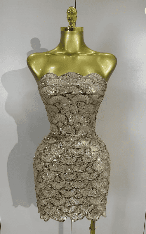 Kaycee Sparkly Silver Sequin Strapless Sheer Mesh Bodycon Mini Dress