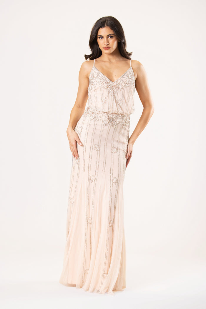 Blouson style nude pink sparkle embellished maxi bridesmaid