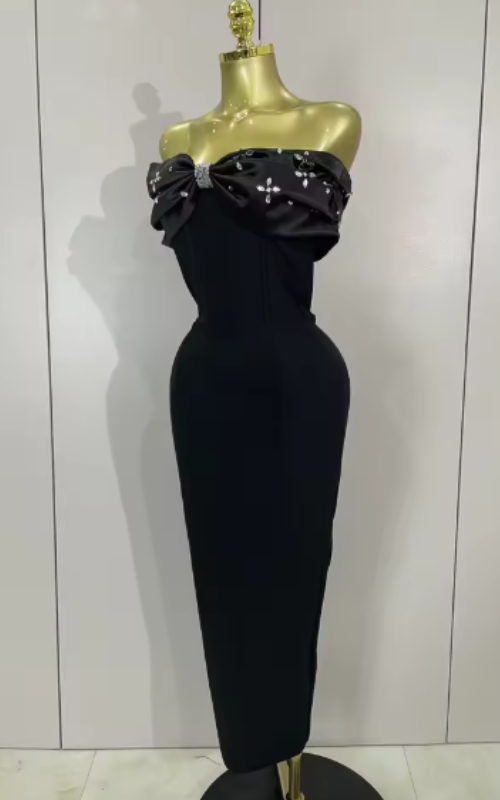 Kehlani off the shoulder beaded long bodycon bandage dress with sparkling bead details and elegant slim fit.
