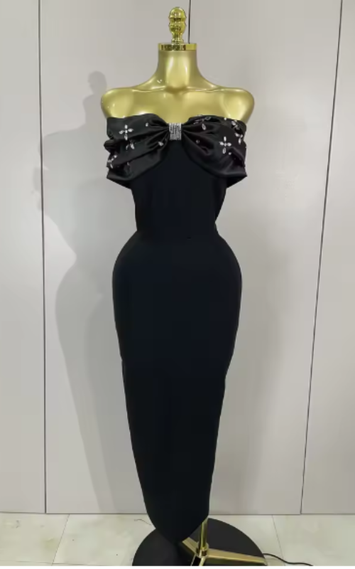 Kehlani off the shoulder beaded long bodycon bandage dress with sparkling bead details and elegant slim fit.