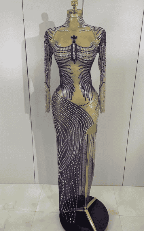 Keisha Sparkly Rhinestone High Split Mesh Long Dress