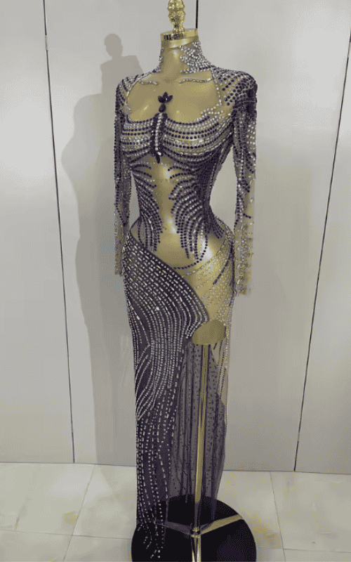 Keisha Sparkly Rhinestone High Split Mesh Long Dress