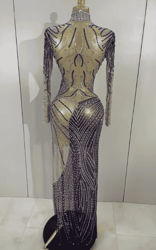 Keisha Sparkly Rhinestone High Split Mesh Long Dress
