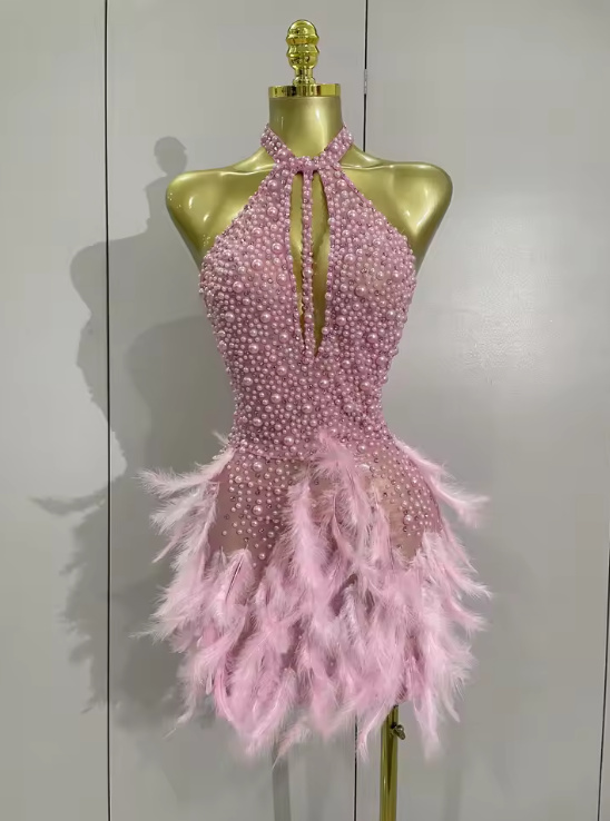 Kelis Luxury Rhinestones Pearls Halter Backless Birthday Dress