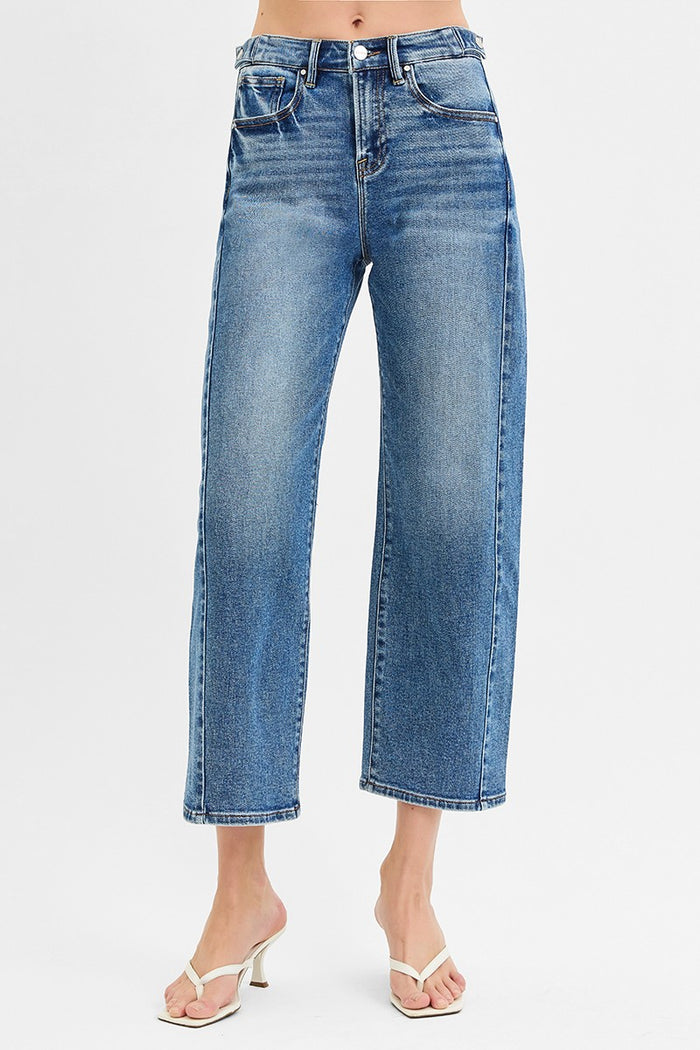 risen barrel jeans dark wash short inseam