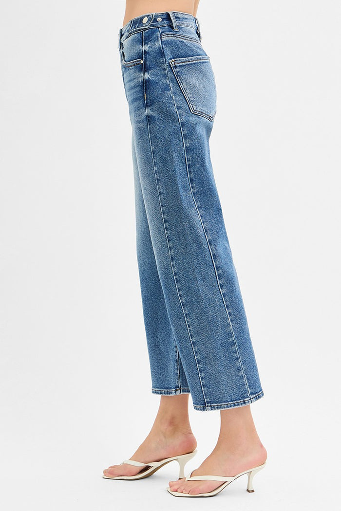 risen barrel jeans dark wash side