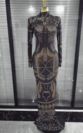 Kendra Colorful Rhinestone Long Sleeve Sheer Mesh Bodycon Long Dress