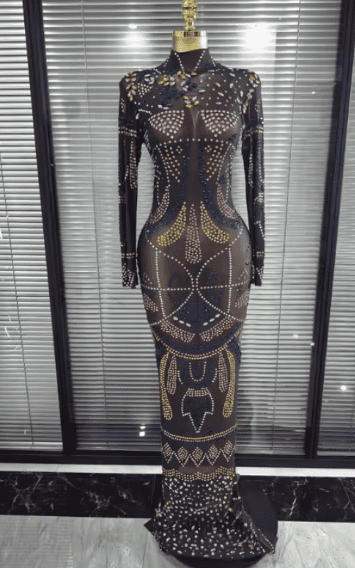 Kendra Colorful Rhinestone Long Sleeve Sheer Mesh Bodycon Long Dress