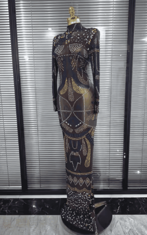 Kendra Colorful Rhinestone Long Sleeve Sheer Mesh Bodycon Long Dress
