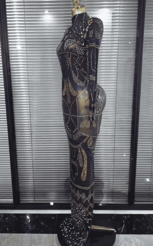Kendra Colorful Rhinestone Long Sleeve Sheer Mesh Bodycon Long Dress