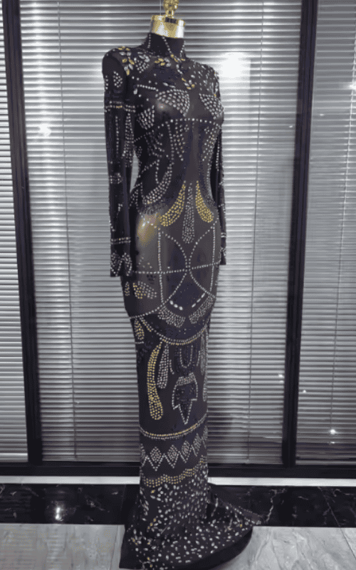 Kendra Colorful Rhinestone Long Sleeve Sheer Mesh Bodycon Long Dress