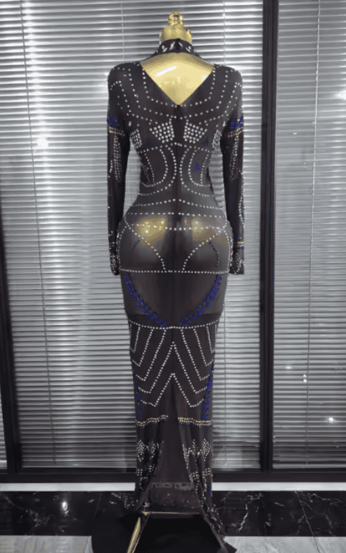Kendra Colorful Rhinestone Long Sleeve Sheer Mesh Bodycon Long Dress