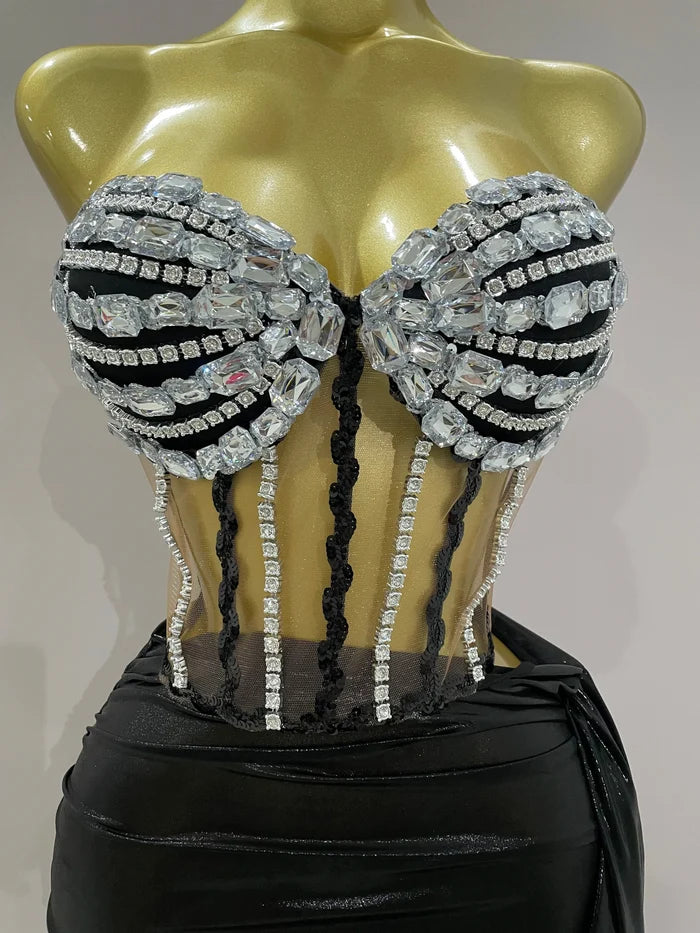 Kendria wearing a sexy shining rhinestone sequin 2 pieces set that sparkles under party lights.