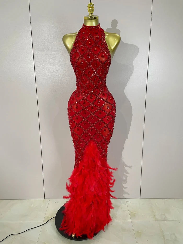 Keziah luxury red rhinestone feather mesh long dress for women, perfect for birthdays, nightclubs, or stage events.
