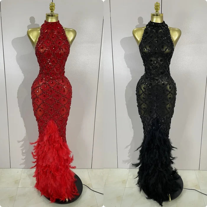 Keziah luxury red rhinestone feather mesh long dress for women, perfect for birthdays, nightclubs, or stage events.