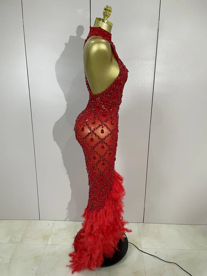Keziah luxury red rhinestone feather mesh long dress for women, perfect for birthdays, nightclubs, or stage events.
