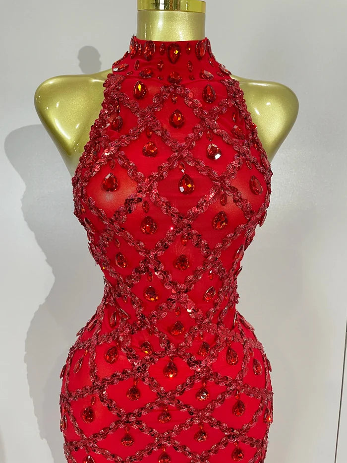 Keziah luxury red rhinestone feather mesh long dress for women, perfect for birthdays, nightclubs, or stage events.