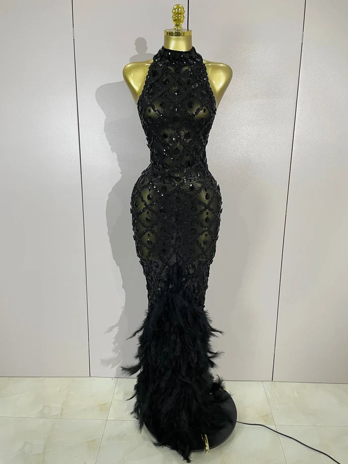 Keziah luxury red rhinestone feather mesh long dress for women, perfect for birthdays, nightclubs, or stage events.