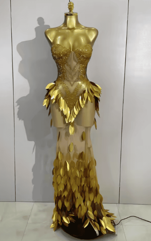 Khloe Gold Diamond Leaf Strapless Sheer Mesh Bodycon Long Dress
