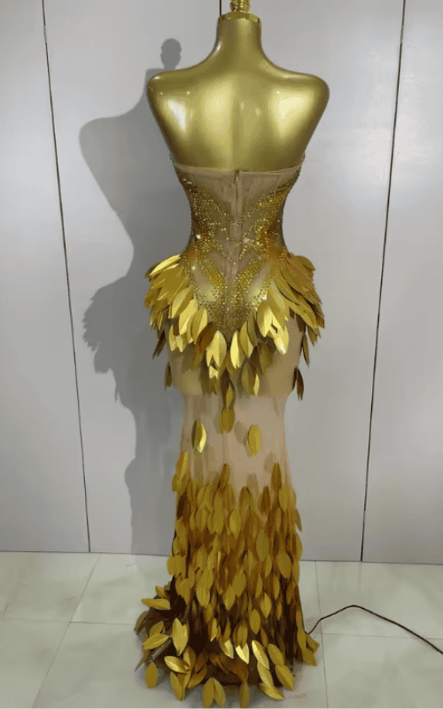 Khloe Gold Diamond Leaf Strapless Sheer Mesh Bodycon Long Dress