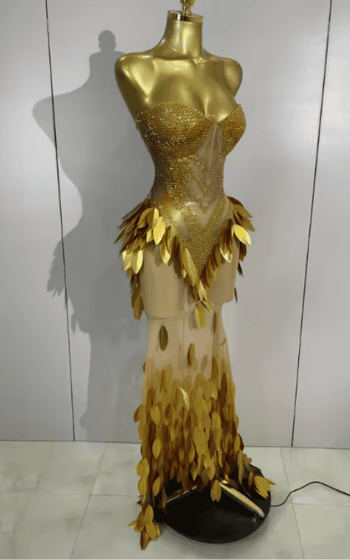 Khloe Gold Diamond Leaf Strapless Sheer Mesh Bodycon Long Dress