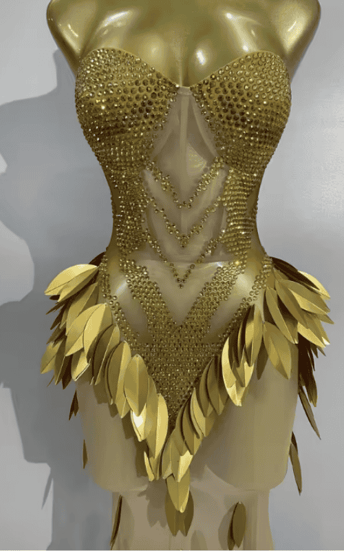 Khloe Gold Diamond Leaf Strapless Sheer Mesh Bodycon Long Dress