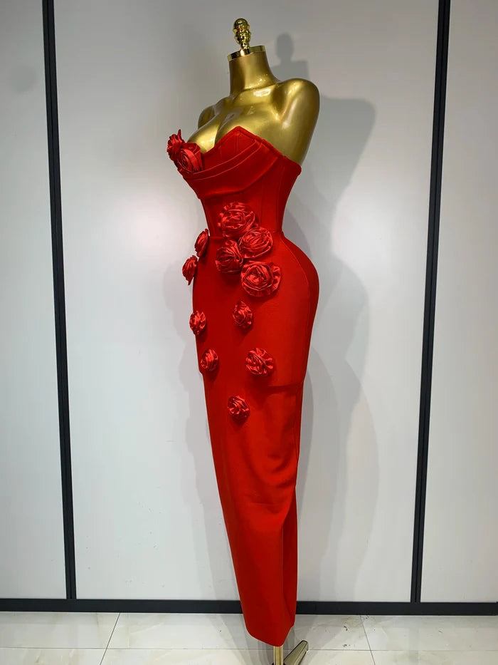 Kiara strapless backless red flower midi bandage dress – sexy elegant prom dress for women.