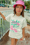 ivory with pink and green lake days graphic print short sleeve crew neckline kids t-shirt