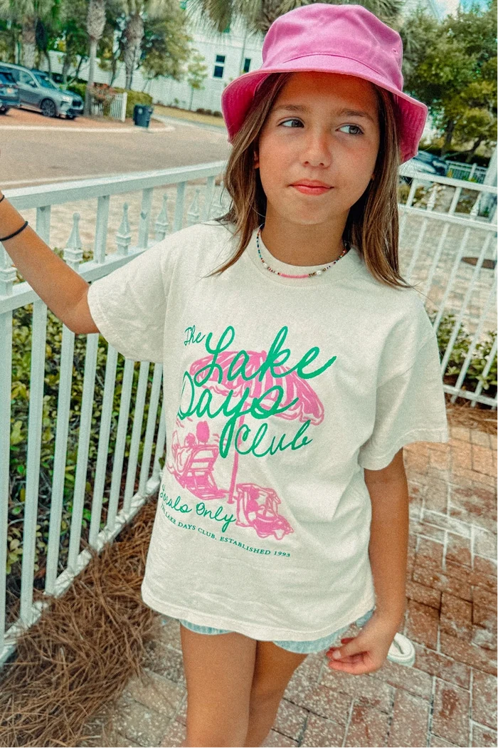 ivory with pink and green lake days graphic print short sleeve crew neckline kids t-shirt
