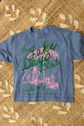 slate blue with pink and green lake days graphic print short sleeve crew neckline kids t-shirt