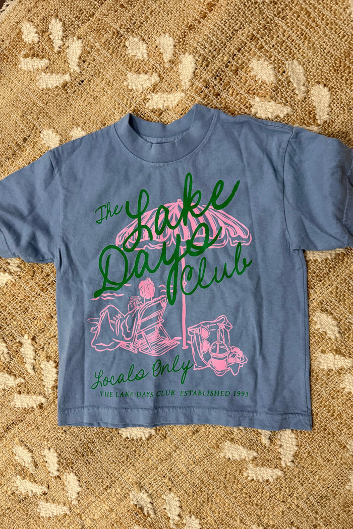 slate blue with pink and green lake days graphic print short sleeve crew neckline kids t-shirt